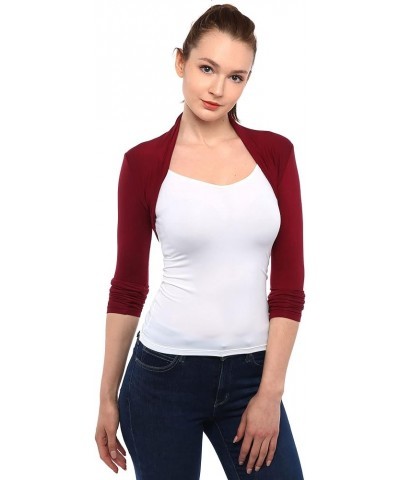 Women Long Sleeve Bolero Shrug Cropped Open Front Cardigan Jacket Burgundy $10.50 Sweaters