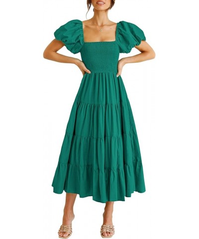 Women's 2024 Summer Casual Boho Beach Dress Square Neck Puff Sleeve High Waist Ruffle Flowy A Line Maxi Sun Dresses Dark Gree...