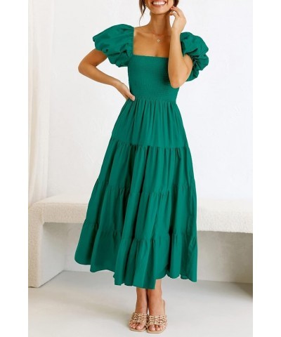 Women's 2024 Summer Casual Boho Beach Dress Square Neck Puff Sleeve High Waist Ruffle Flowy A Line Maxi Sun Dresses Dark Gree...