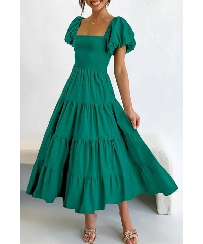 Women's 2024 Summer Casual Boho Beach Dress Square Neck Puff Sleeve High Waist Ruffle Flowy A Line Maxi Sun Dresses Dark Gree...