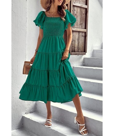 Women's 2024 Summer Casual Boho Beach Dress Square Neck Puff Sleeve High Waist Ruffle Flowy A Line Maxi Sun Dresses Dark Gree...