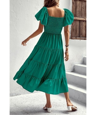 Women's 2024 Summer Casual Boho Beach Dress Square Neck Puff Sleeve High Waist Ruffle Flowy A Line Maxi Sun Dresses Dark Gree...