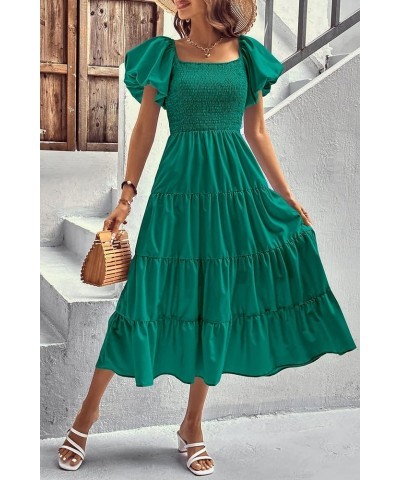 Women's 2024 Summer Casual Boho Beach Dress Square Neck Puff Sleeve High Waist Ruffle Flowy A Line Maxi Sun Dresses Dark Gree...