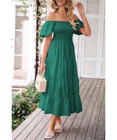 Women's 2024 Summer Casual Boho Beach Dress Square Neck Puff Sleeve High Waist Ruffle Flowy A Line Maxi Sun Dresses Dark Gree...