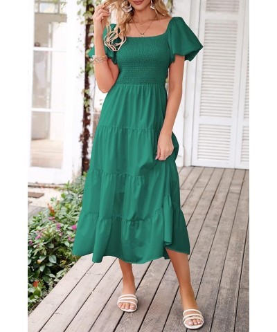 Women's 2024 Summer Casual Boho Beach Dress Square Neck Puff Sleeve High Waist Ruffle Flowy A Line Maxi Sun Dresses Dark Gree...