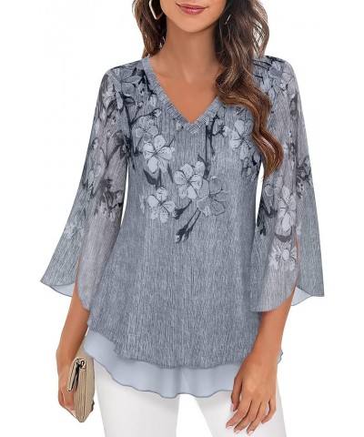 Women's 3/4 Sleeve Floral Blouses Shirts Double Layers V Neck Dressy Tunics Tops Black Gray $20.29 Blouses