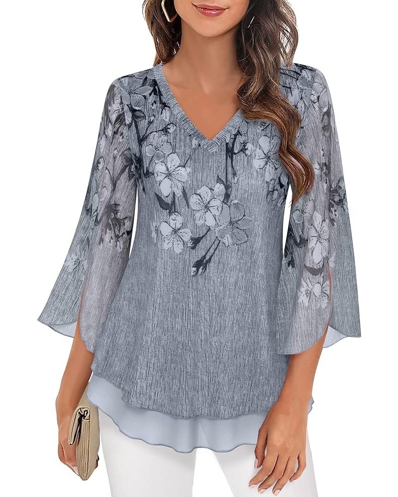 Women's 3/4 Sleeve Floral Blouses Shirts Double Layers V Neck Dressy Tunics Tops Black Gray $20.29 Blouses