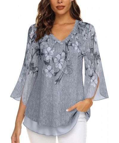 Women's 3/4 Sleeve Floral Blouses Shirts Double Layers V Neck Dressy Tunics Tops Black Gray $20.29 Blouses