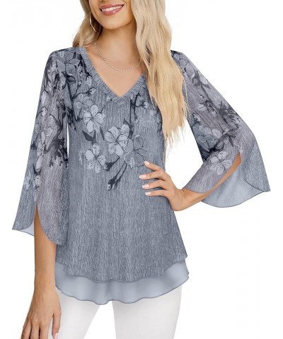 Women's 3/4 Sleeve Floral Blouses Shirts Double Layers V Neck Dressy Tunics Tops Black Gray $20.29 Blouses