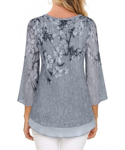 Women's 3/4 Sleeve Floral Blouses Shirts Double Layers V Neck Dressy Tunics Tops Black Gray $20.29 Blouses