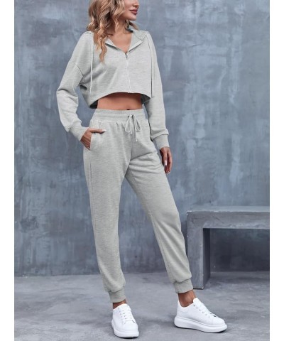 Women's 2 Piece Outfits Sweatsuit Long Sleeve Full Zip Hoodie Crop Tops Joggers Pants Tracksuit Set Grey $13.24 Activewear