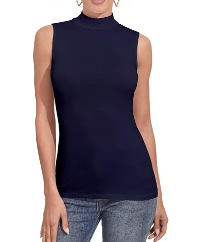 Women's Sleeveless Long Sleeves Mock Turtleneck Top Basic Stretch Fitting Pullover Lightweight Slim Shirt Sleeveless Navy Blu...