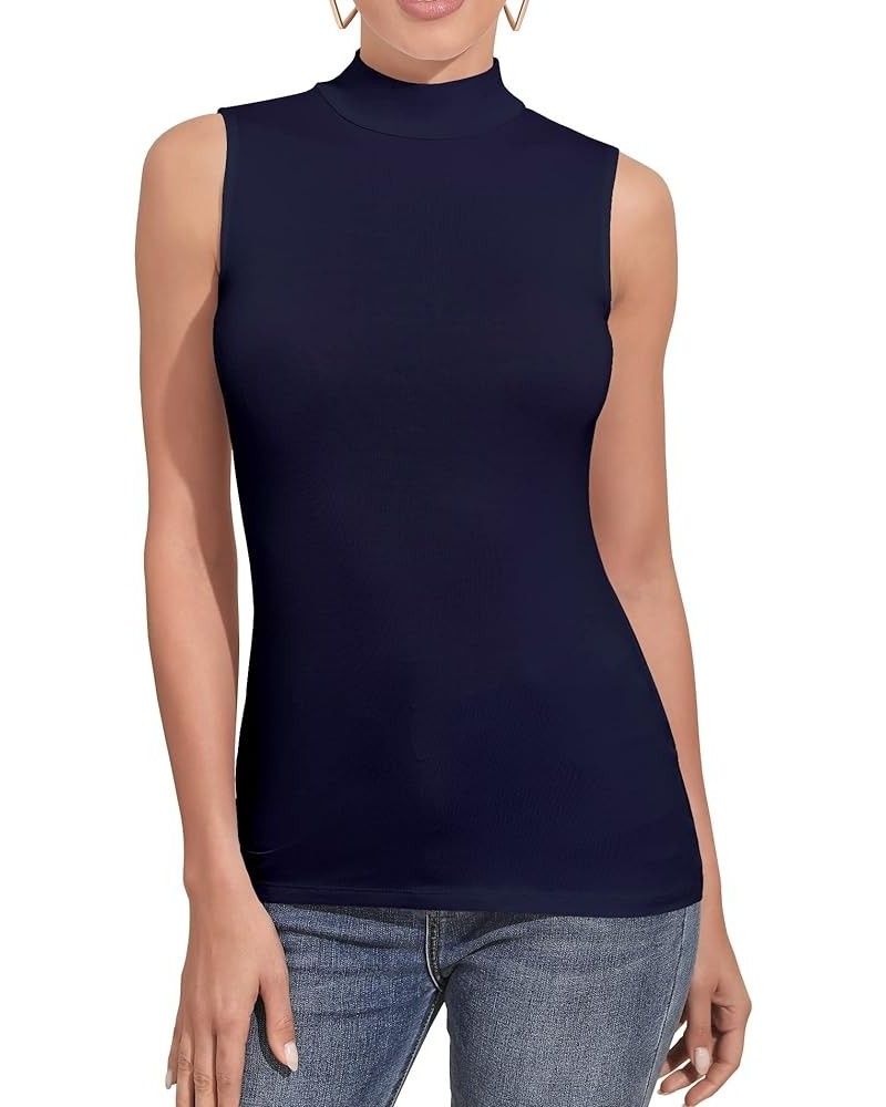 Women's Sleeveless Long Sleeves Mock Turtleneck Top Basic Stretch Fitting Pullover Lightweight Slim Shirt Sleeveless Navy Blu...