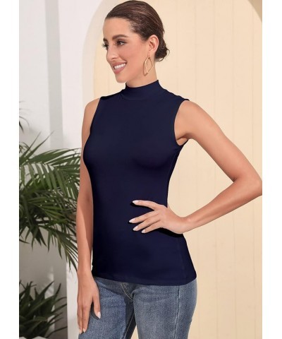 Women's Sleeveless Long Sleeves Mock Turtleneck Top Basic Stretch Fitting Pullover Lightweight Slim Shirt Sleeveless Navy Blu...