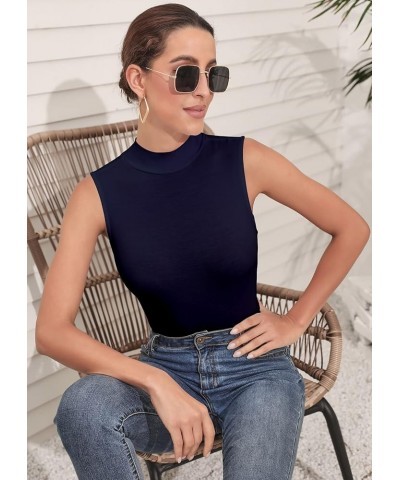 Women's Sleeveless Long Sleeves Mock Turtleneck Top Basic Stretch Fitting Pullover Lightweight Slim Shirt Sleeveless Navy Blu...