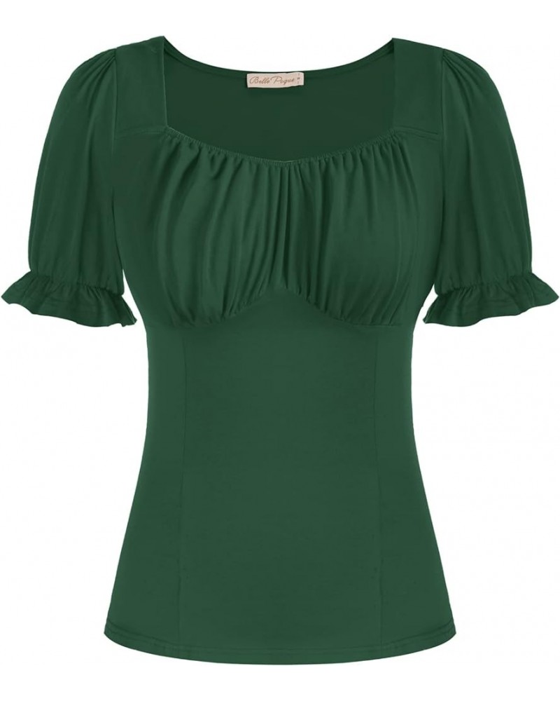 Women Vintage Ruched Tops Square Neck Puff Short Sleeve Cotton Shirt Dark Green $15.30 Blouses