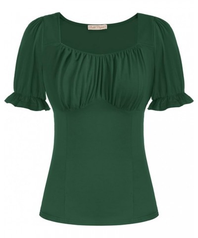 Women Vintage Ruched Tops Square Neck Puff Short Sleeve Cotton Shirt Dark Green $15.30 Blouses