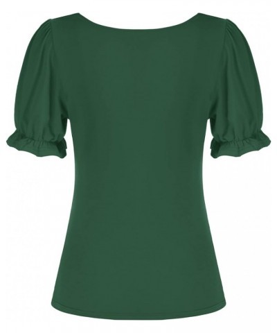 Women Vintage Ruched Tops Square Neck Puff Short Sleeve Cotton Shirt Dark Green $15.30 Blouses