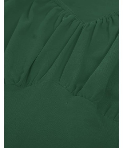 Women Vintage Ruched Tops Square Neck Puff Short Sleeve Cotton Shirt Dark Green $15.30 Blouses