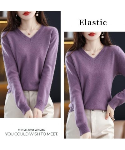 2023 Women's Pure Cashmere Long Sleeve Pullover V Neck Sweater Spring New Solid Color Knitted Sweater Dark Purple $30.15 Swea...