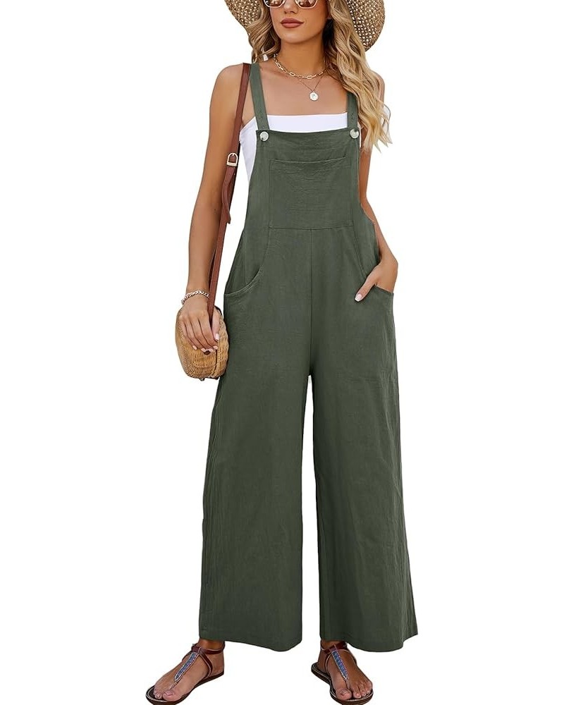 Womens Casual Cotton Bib Overalls Adjustable Spaghetti Strap Wide Leg Jumpsuits Rompers with Pockets Armygreen $14.35 Jumpsuits