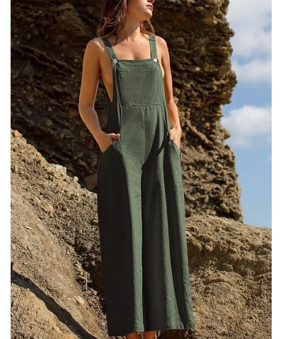 Womens Casual Cotton Bib Overalls Adjustable Spaghetti Strap Wide Leg Jumpsuits Rompers with Pockets Armygreen $14.35 Jumpsuits