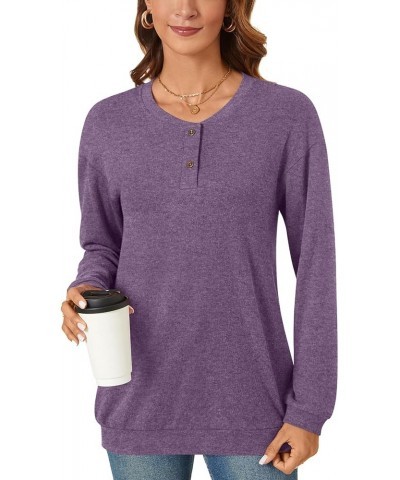 Women's Plus Size Long Sleeve Henley Tops Pullover with Buttons Down Casual Loose Fit V-Neck Tunics Tops Henley Purple $12.25...