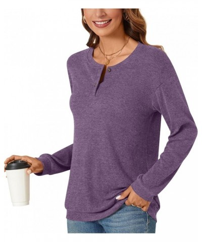 Women's Plus Size Long Sleeve Henley Tops Pullover with Buttons Down Casual Loose Fit V-Neck Tunics Tops Henley Purple $12.25...