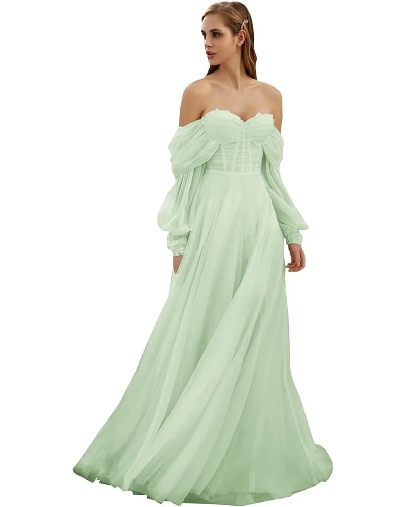 Women's Tulle Long Prom Dress Puffy Sleeve 2023 Off Shoulder Sweetheart Vintage Evening Party Gowns Sage Green $32.40 Dresses