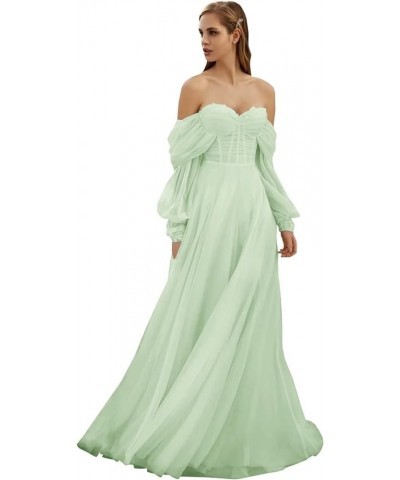 Women's Tulle Long Prom Dress Puffy Sleeve 2023 Off Shoulder Sweetheart Vintage Evening Party Gowns Sage Green $32.40 Dresses