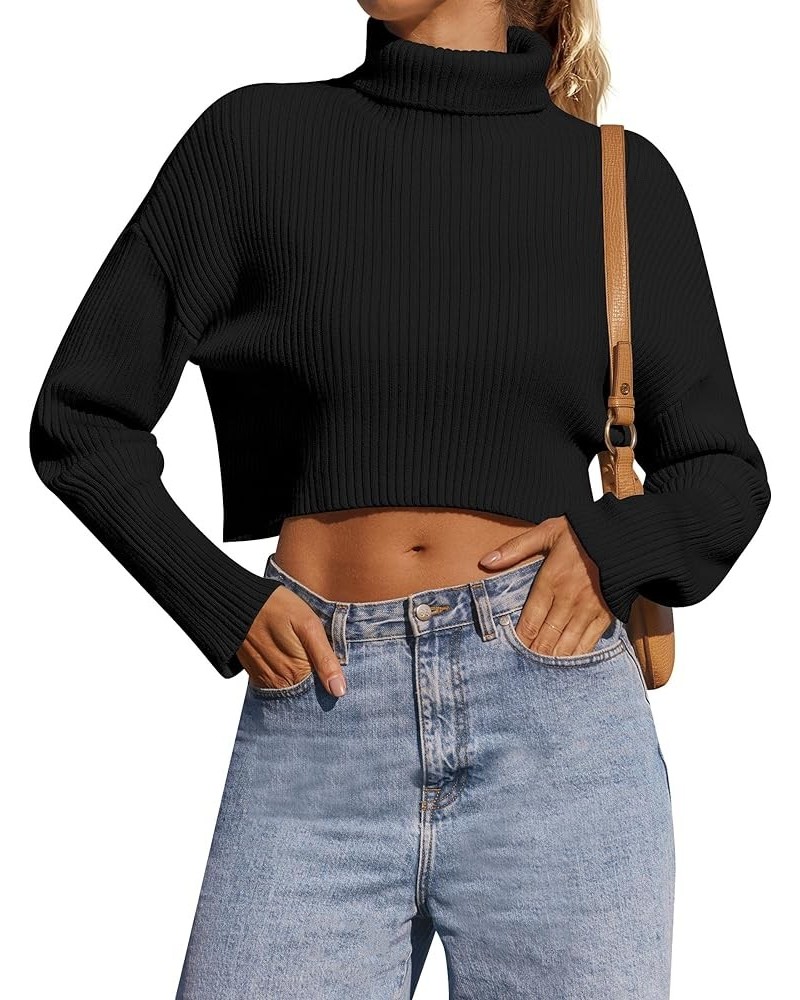 Women's Cropped Turtleneck Sweaters 2023 Fall Long Sleeve Ribbed Knit Oversized Casual Pullover Sweater Tops Black $22.43 Swe...