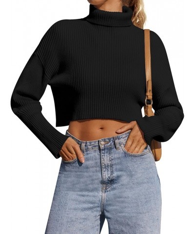 Women's Cropped Turtleneck Sweaters 2023 Fall Long Sleeve Ribbed Knit Oversized Casual Pullover Sweater Tops Black $22.43 Swe...