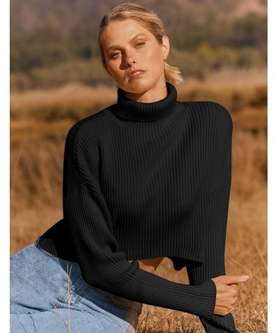 Women's Cropped Turtleneck Sweaters 2023 Fall Long Sleeve Ribbed Knit Oversized Casual Pullover Sweater Tops Black $22.43 Swe...