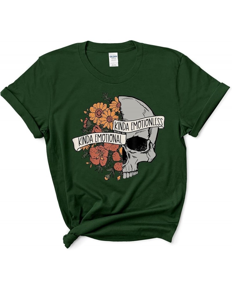 Kinda Emotional Kinda Emotionless Shirt - Floral Skull Vintage Shirt, Therapist Shirt Forest Green $11.21 T-Shirts