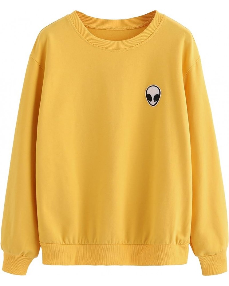 Womens Casual Long Sleeve Pullover Sweatshirt Alien Patch Shirt Tops Mustard $18.59 Hoodies & Sweatshirts