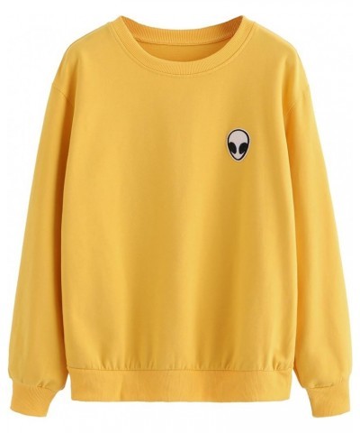 Womens Casual Long Sleeve Pullover Sweatshirt Alien Patch Shirt Tops Mustard $18.59 Hoodies & Sweatshirts