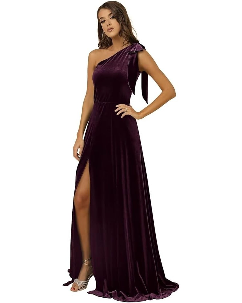 One Shoulder Velvet Bridesmaid Dresses for Wedding Long A Line Formal Evening Party Gown with Slit for Women Purple $26.95 Dr...