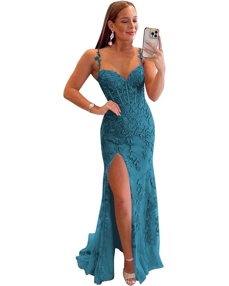 Women's Lace Mermaid Prom Dresses Long with Slit Mermaid Spaghetti Straps Backless Formal Evening Gowns YZTS099 Teal $44.19 D...