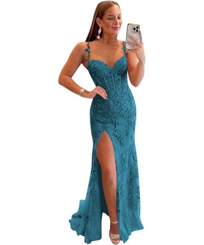 Women's Lace Mermaid Prom Dresses Long with Slit Mermaid Spaghetti Straps Backless Formal Evening Gowns YZTS099 Teal $44.19 D...