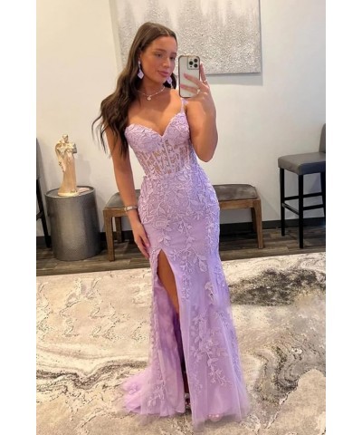 Women's Lace Mermaid Prom Dresses Long with Slit Mermaid Spaghetti Straps Backless Formal Evening Gowns YZTS099 Teal $44.19 D...