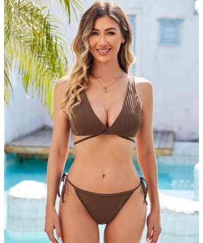 Bikini Sets for Women Push Up Ribbed V Neck High Cut 2 Piece Swimsuits Wrap Criss Cross Bathing Suits Brown $10.35 Swimsuits