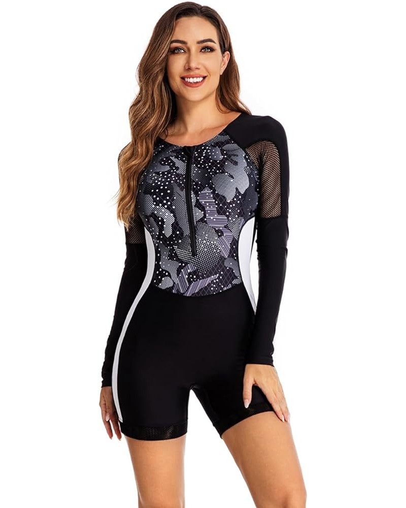 Women's One Piece Rashguard Boyleg Long Sleeve Swimsuit UV Protection Zipper Surfing Swimwear Black-mesh $13.49 Swimsuits