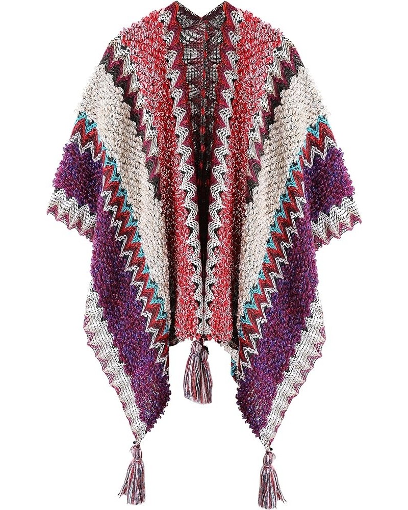 Knit Shawl Wrap Poncho Cape for Women, Ladies Knitted Cardigan Kimono with Fringe for Fall Winter Claret Pattern $11.20 Sweaters