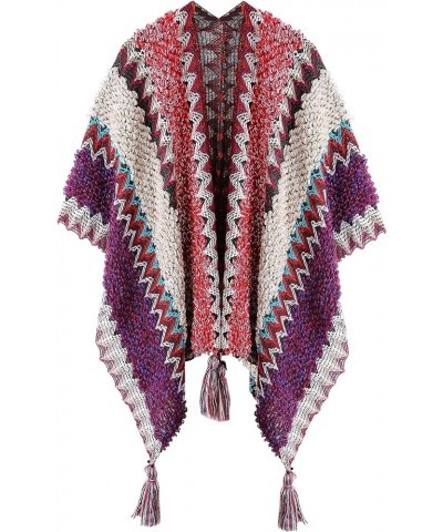 Knit Shawl Wrap Poncho Cape for Women, Ladies Knitted Cardigan Kimono with Fringe for Fall Winter Claret Pattern $11.20 Sweaters