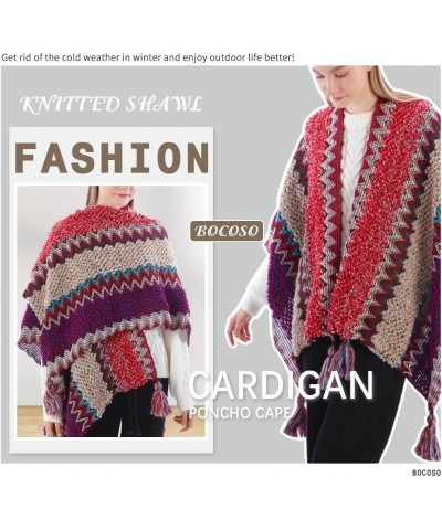 Knit Shawl Wrap Poncho Cape for Women, Ladies Knitted Cardigan Kimono with Fringe for Fall Winter Claret Pattern $11.20 Sweaters