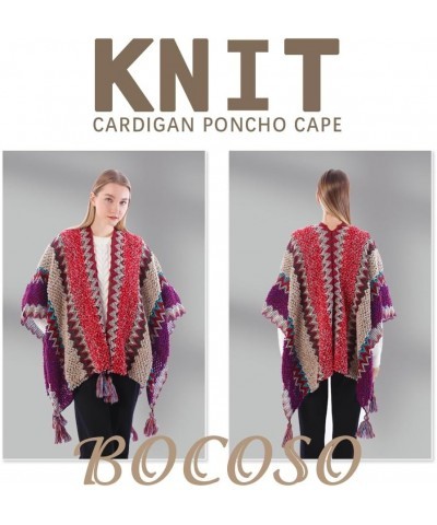 Knit Shawl Wrap Poncho Cape for Women, Ladies Knitted Cardigan Kimono with Fringe for Fall Winter Claret Pattern $11.20 Sweaters