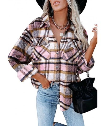 KetEng Women's Plaid Shirt,Casual Lapel Button Down Long Coat Tartan Shacket Jacket Pink $13.53 Jackets