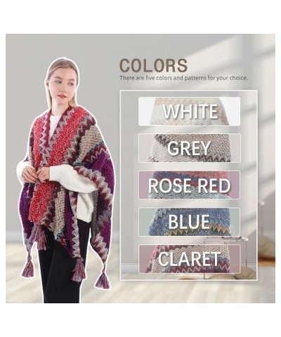 Knit Shawl Wrap Poncho Cape for Women, Ladies Knitted Cardigan Kimono with Fringe for Fall Winter Claret Pattern $11.20 Sweaters