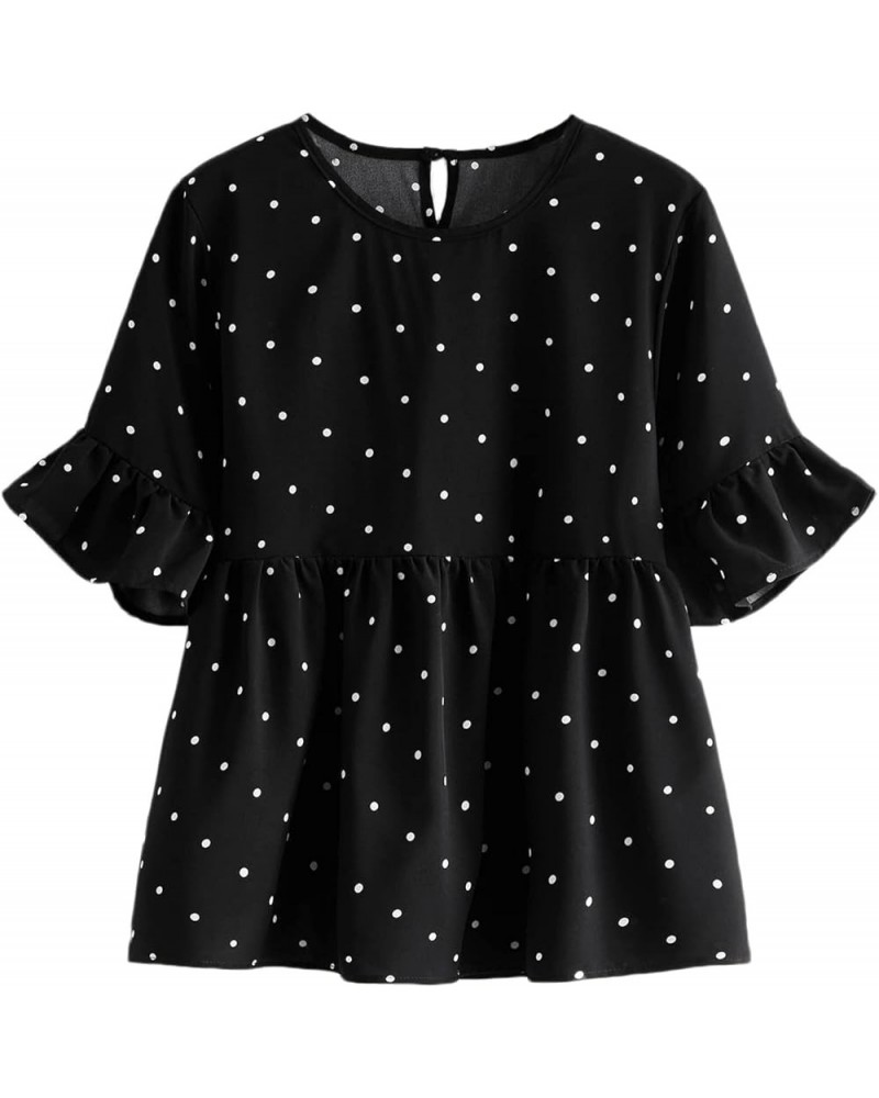 Women's Plus Size Polka Dots Half Sleeve Ruffle Hem Peplum Blouse Top Black $16.00 Blouses