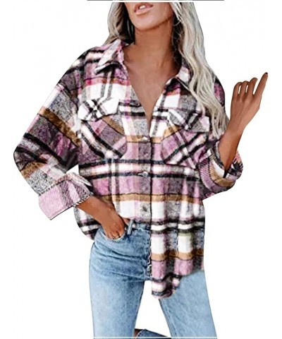 KetEng Women's Plaid Shirt,Casual Lapel Button Down Long Coat Tartan Shacket Jacket Pink $13.53 Jackets